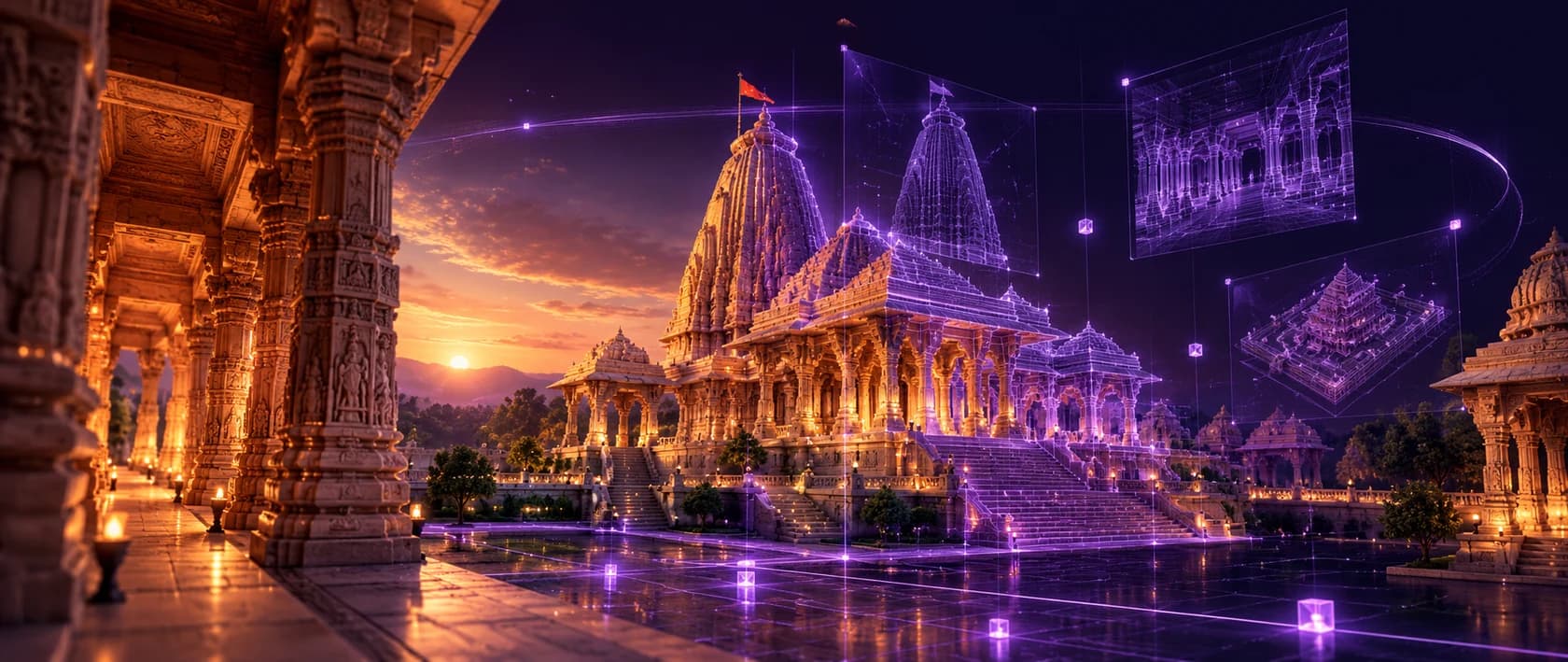 Illustrative concept artwork of a 3D temple environment with augmented architectural overlays for an immersive virtual tour.