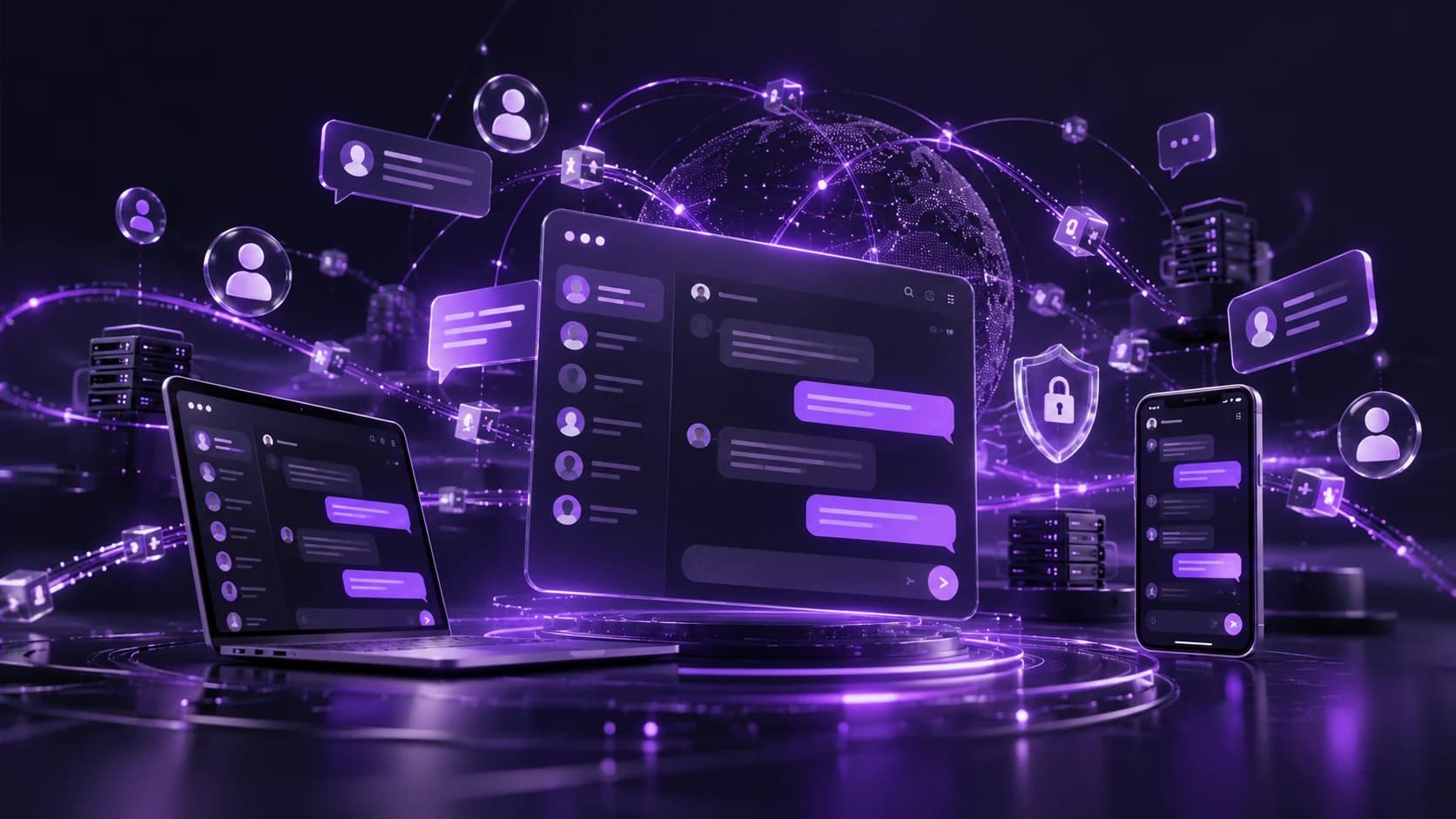 Illustrative concept artwork of real-time messaging interfaces connected by a digital communications network.